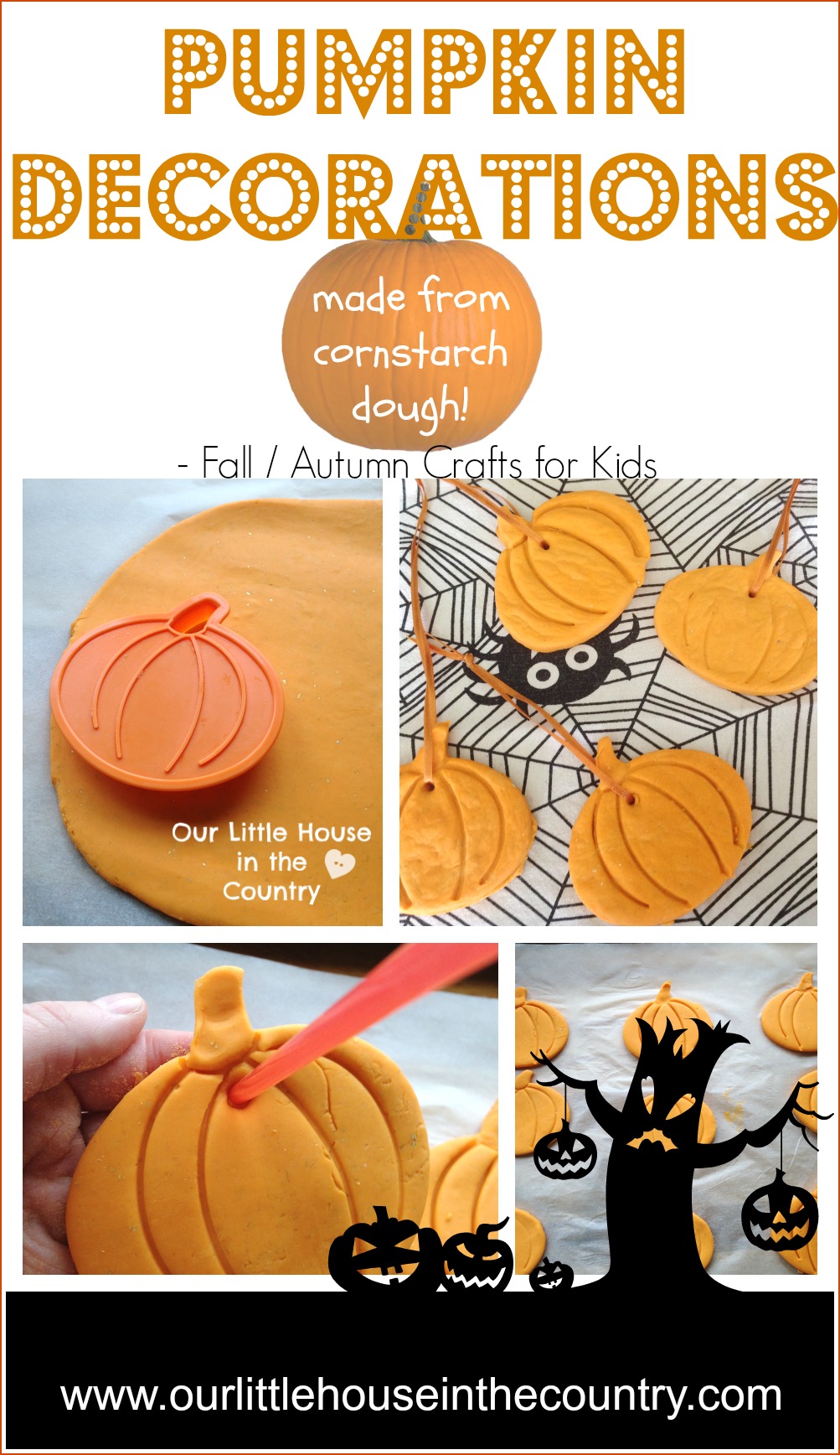 Cornstarch Dough Pumpkin Hanging Decorations - #fall #autumn #crafts for #kids #halloween - Our Little House in the Country