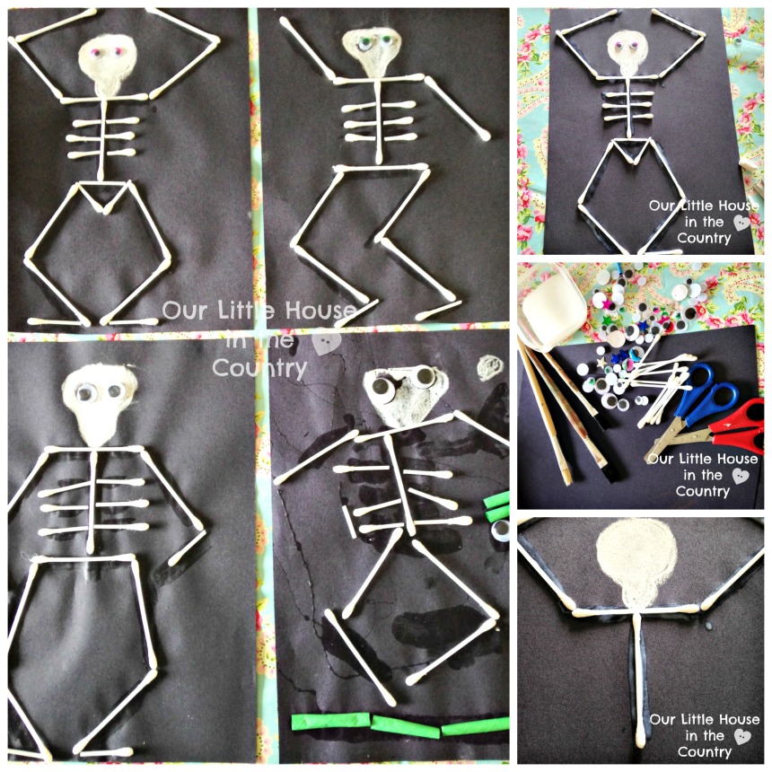 Dancing Cotton Bud Skeletons - a fun preschool Halloween craft - Our Little House in the Country