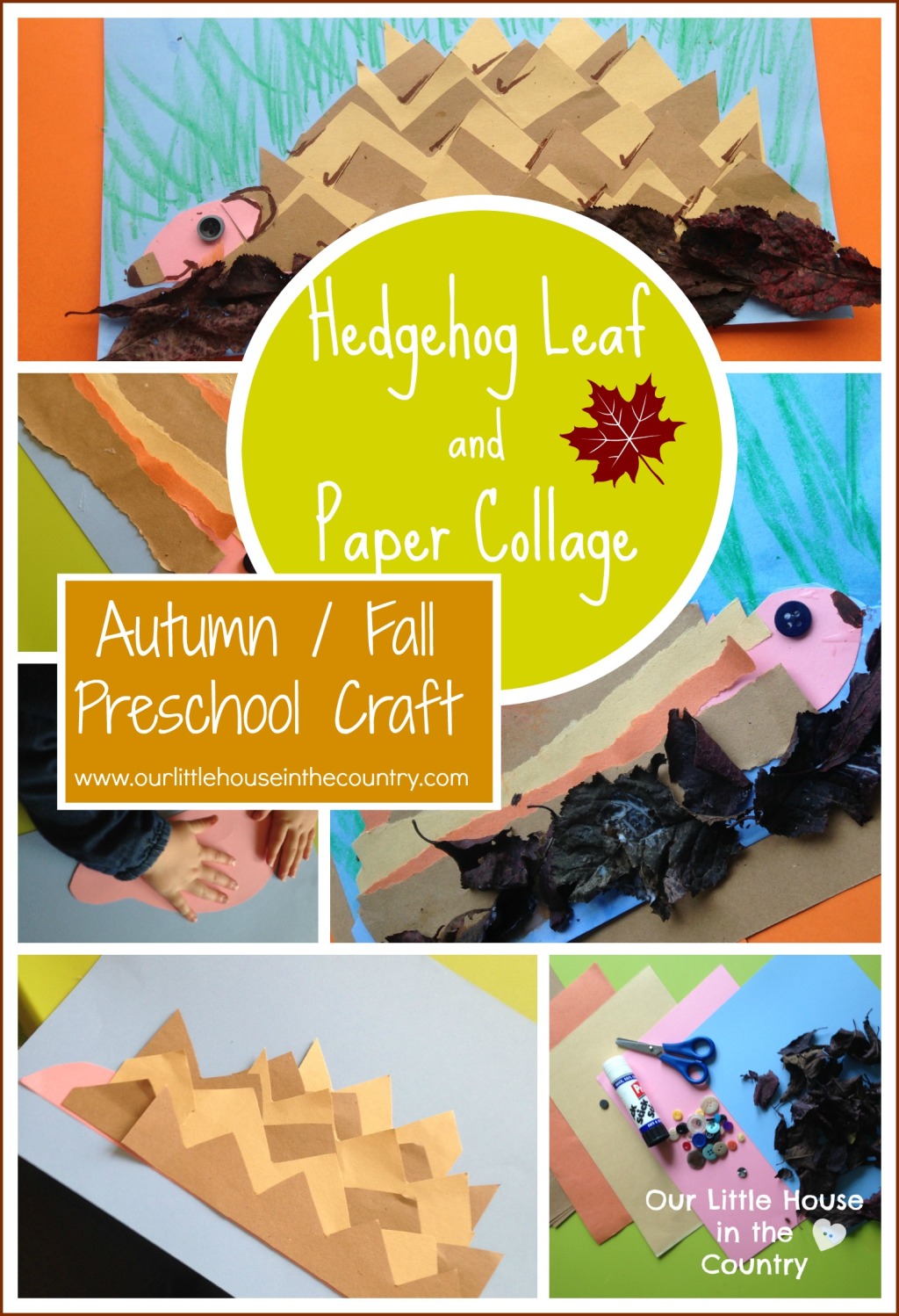 Hedgehogs - Leaf and Paper Collages - Autumn/Fall Preschool Craft Our Little House int he Country
